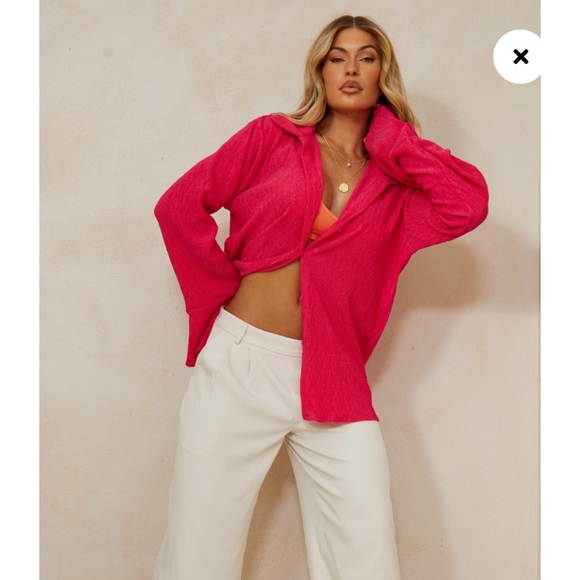 Pretty Little Thing Hot Pink Textured Pleated Shirt - size 4 - Picture 2 of 4